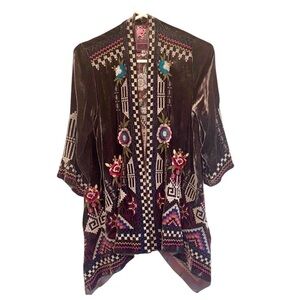 JOHNNY WAS KIMONO CARDIGAN LONG VELVET RAYON SILK EMBROIDERED FEMININE WHIMSY